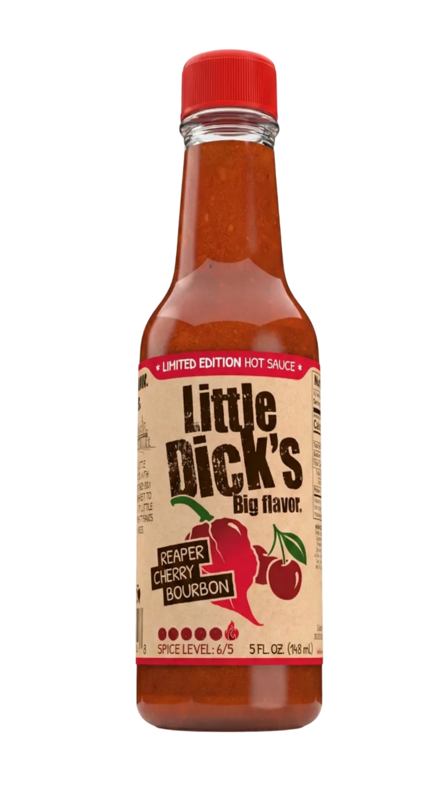Bottle of Little Dick's hot sauce with a red cap on a white background