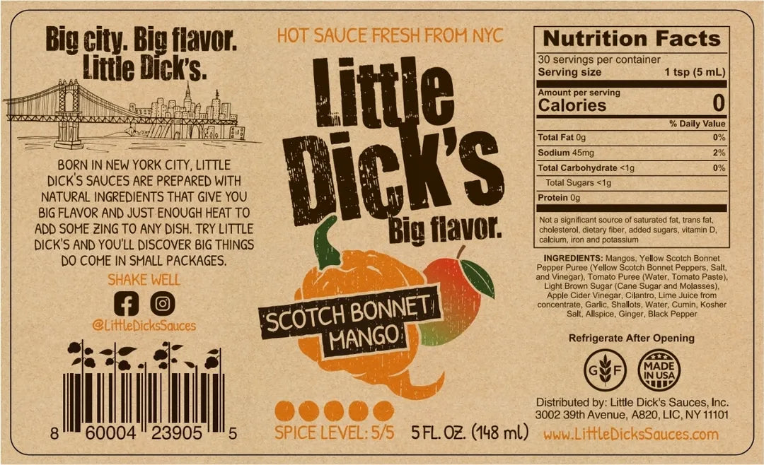 Little Dick's hot sauce label with branding and nutritional information.