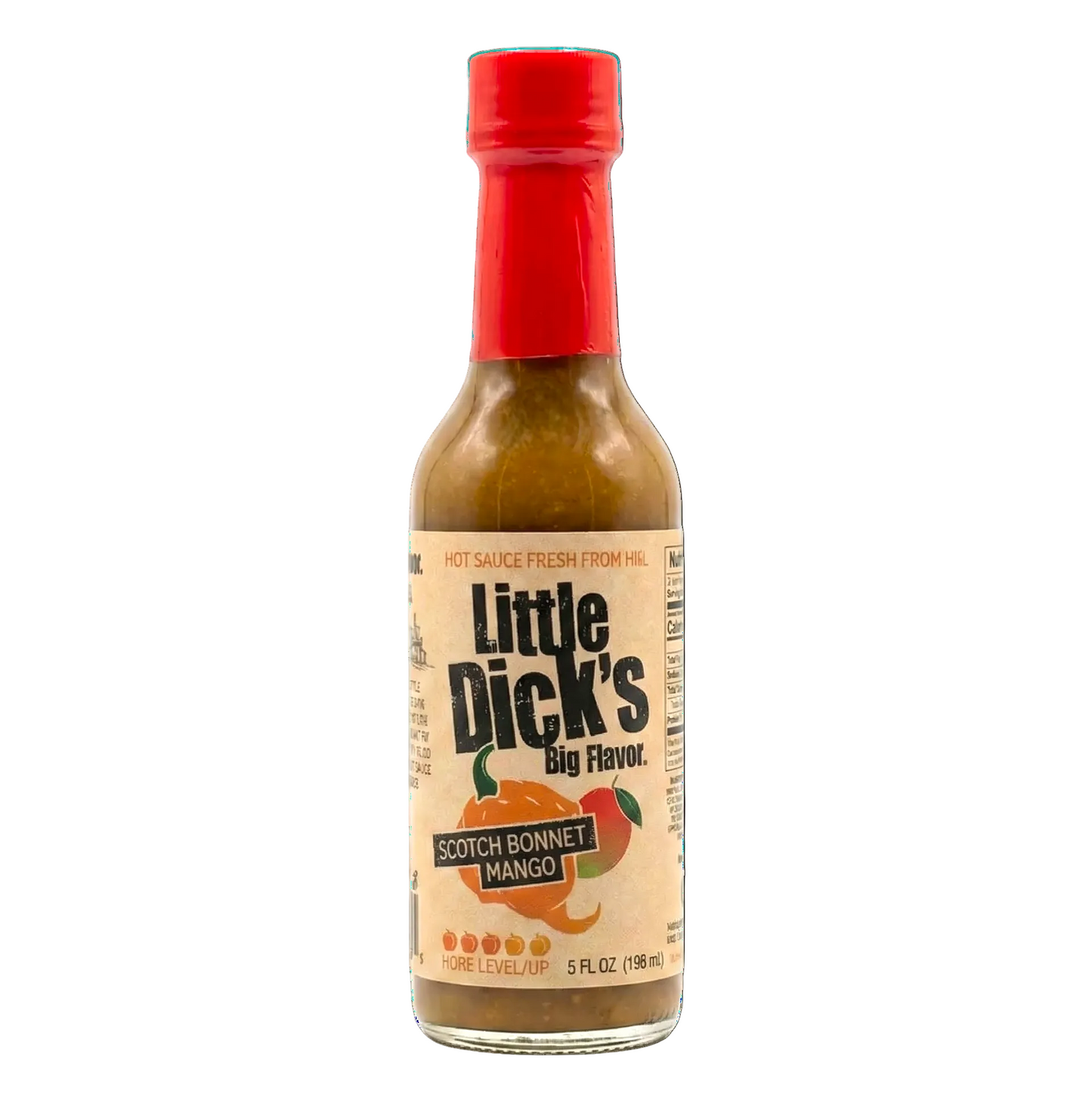 Bottle of Little Dick's Scotch Bonnet Mango hot sauce with a red cap on a white background