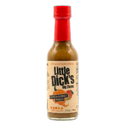 Bottle of Little Dick's Scotch Bonnet Mango hot sauce with a red cap on a white background