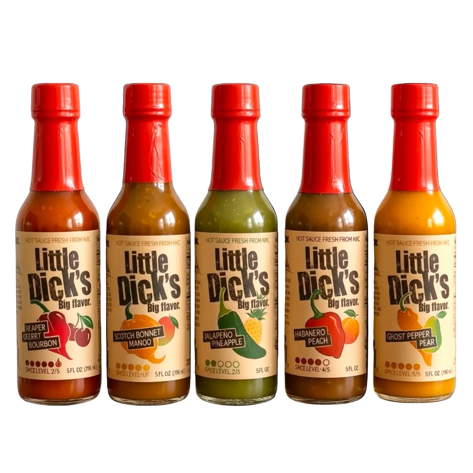 Five bottles of Little Dick's hot sauce with red caps on a white background