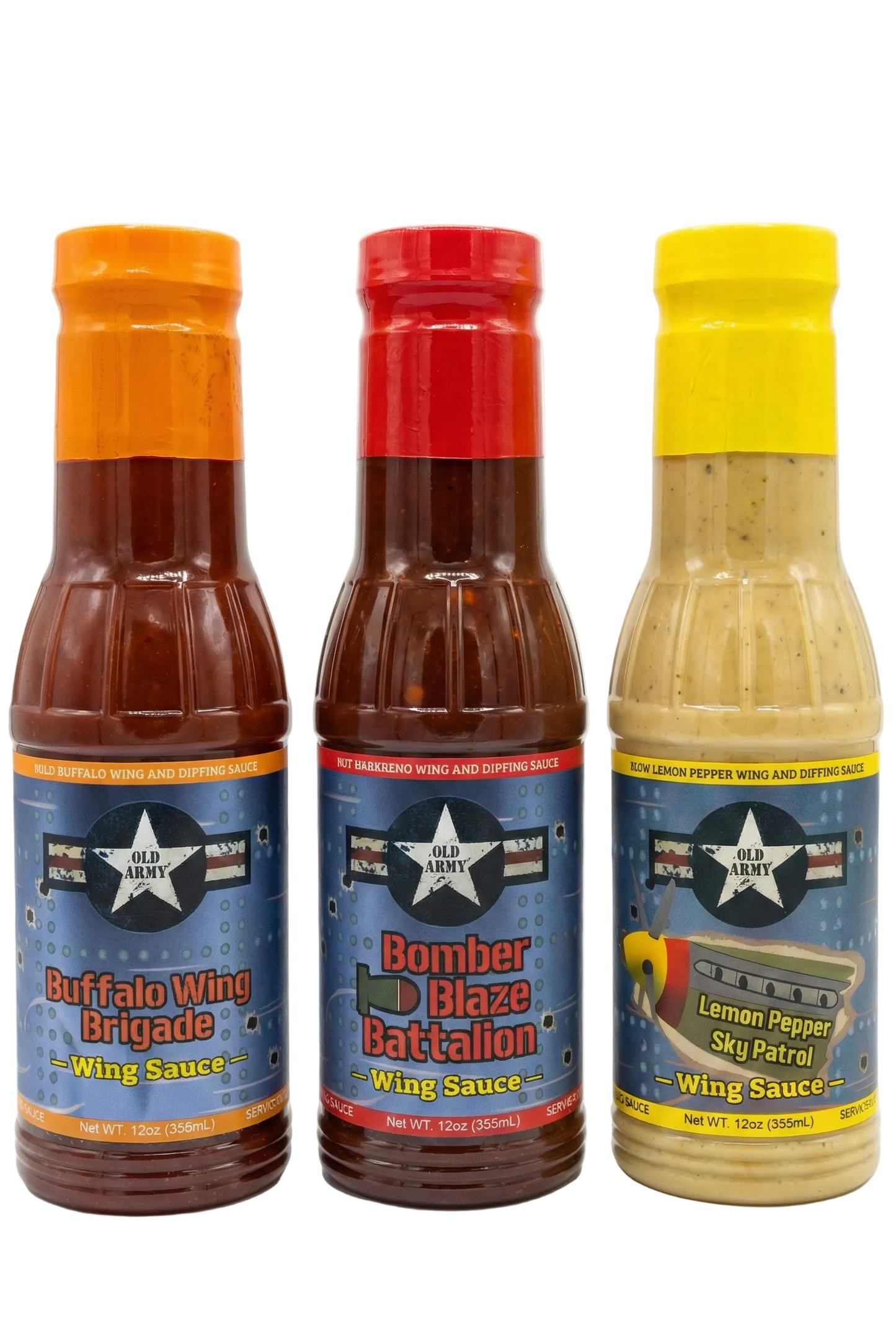 Three bottles of Lucky Snipe wing sauce with different colored caps on a white background