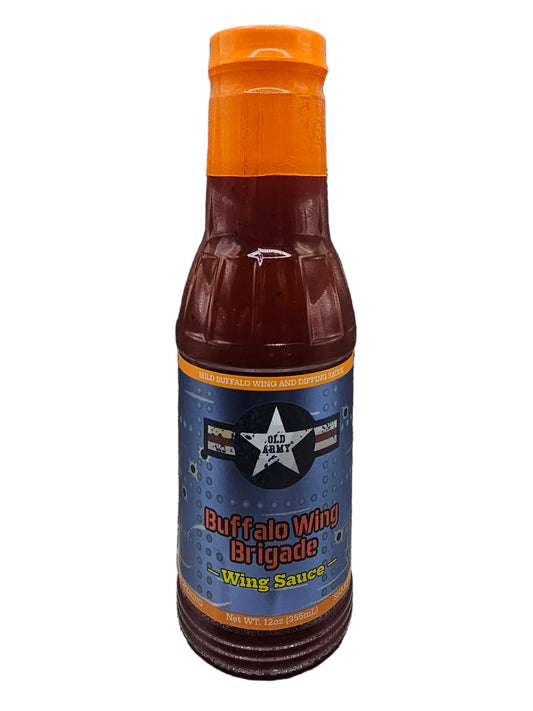 Bottle of Buffalo Wing Brigade wing sauce with an orange cap on a white background