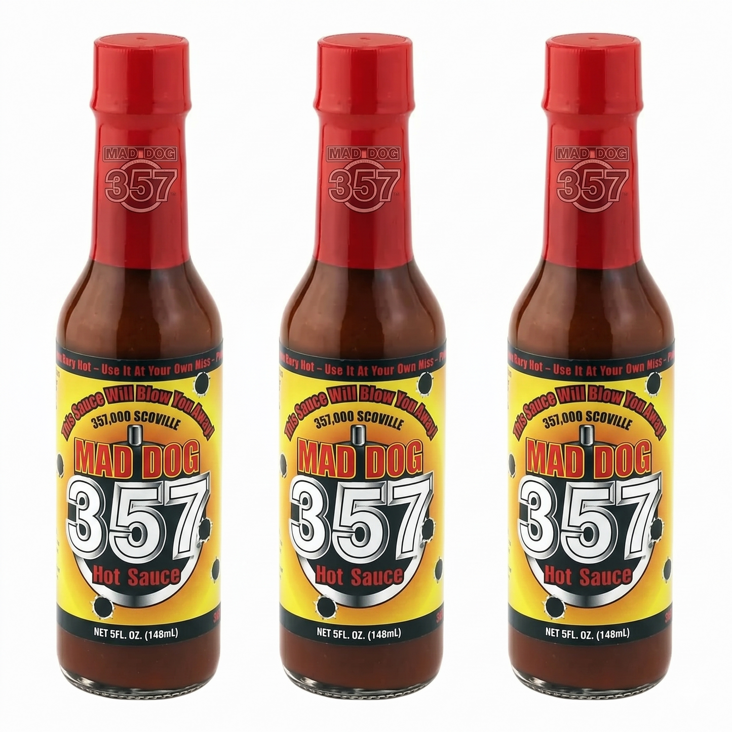 3 bottles of Mad Dog 357 hot sauce