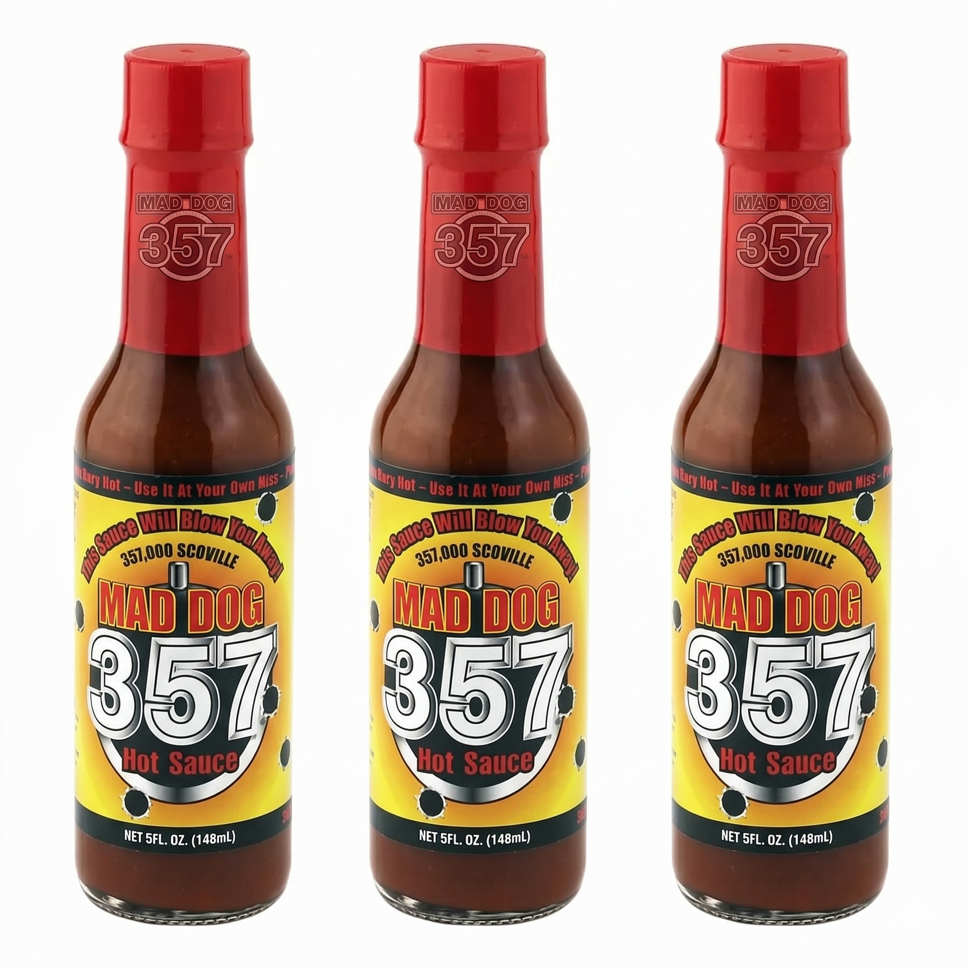3 bottles of Mad Dog 357 hot sauce