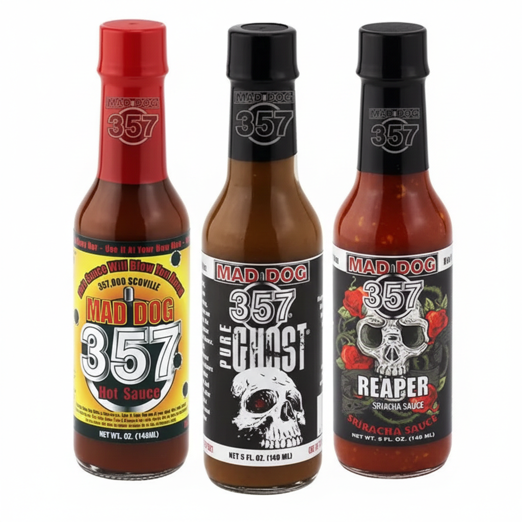 Three bottles of Mad Dog hot sauce with different labels on a white background