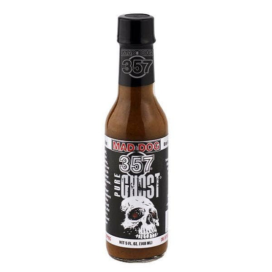 Bottle of Mad Dog 357 Pure Ghost hot sauce on a white background