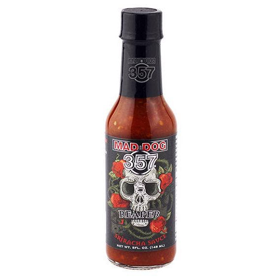 Bottle of Mad Dog 357 Reaper hot sauce on a white background