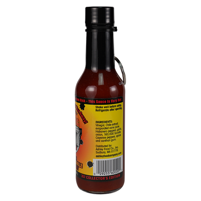 A 50th collector's edition bottle of Ashley Food Co. habanero pepper sauce, showing the back label with ingredients and barcode on a white background.