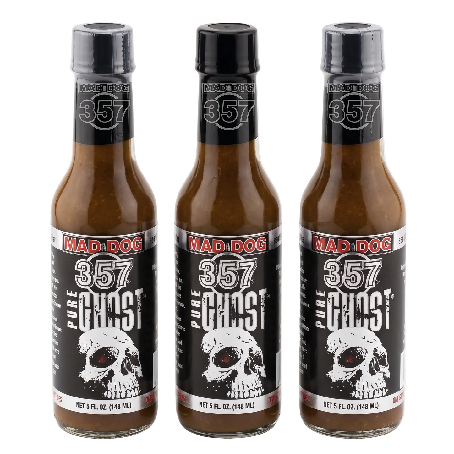 Three bottles of Mad Dog 357 Pure Ghost hot sauce on a white background
