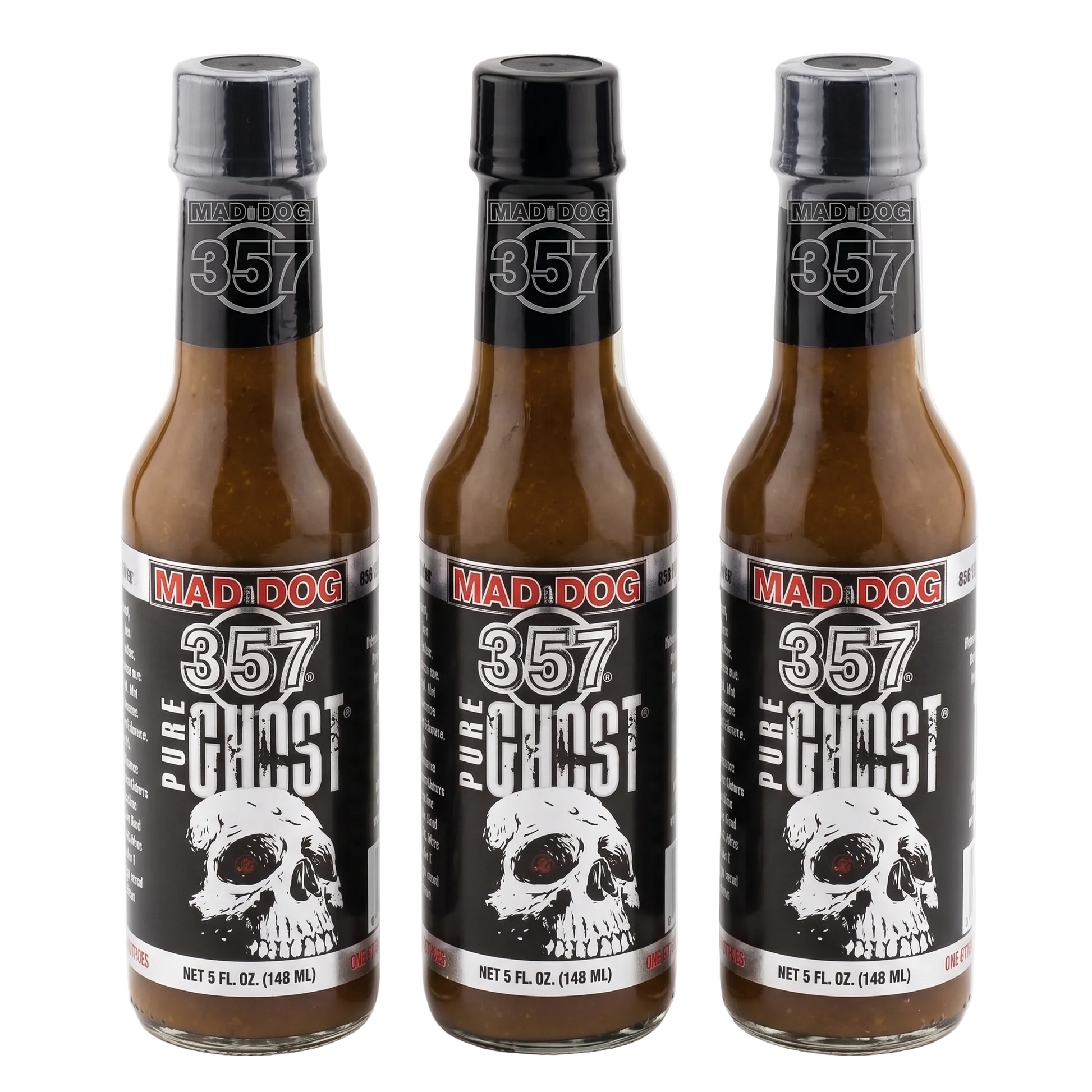 Three bottles of Mad Dog 357 Pure Ghost hot sauce on a white background