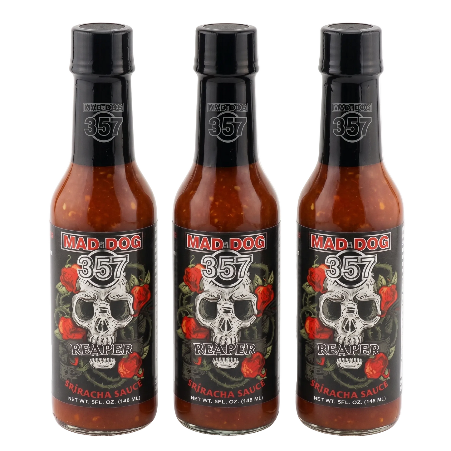 Three bottles of Mad Dog 357 Reaper Sriracha Sauce on a white background