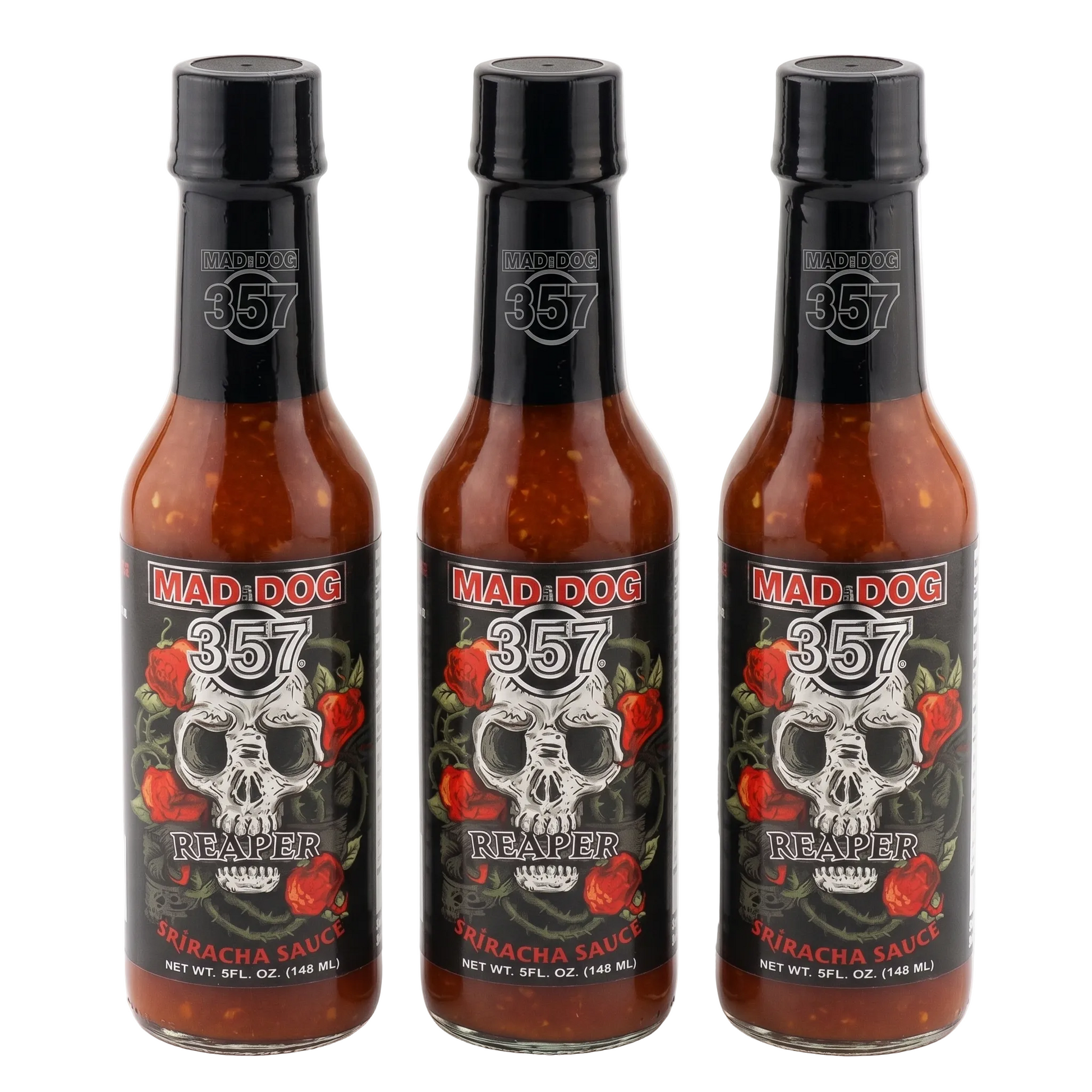 Three bottles of Mad Dog 357 Reaper Sriracha Sauce on a white background