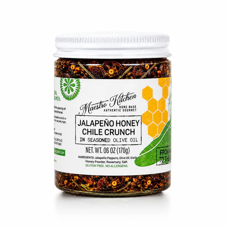 Jar of Jalapeño Honey Chile Crunch on a white background