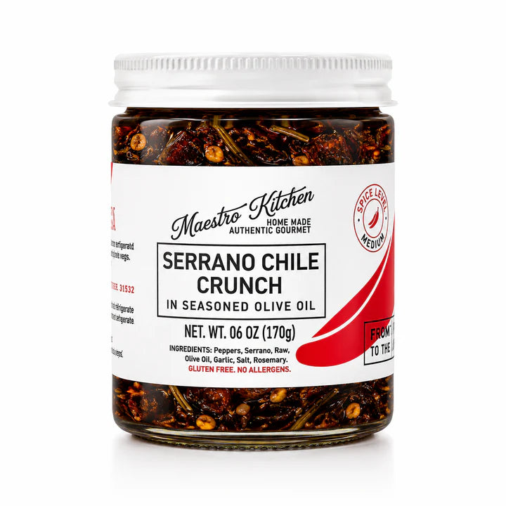 Jar of Maestro Kitchen Serrano Chile Crunch in seasoned olive oil on a white background