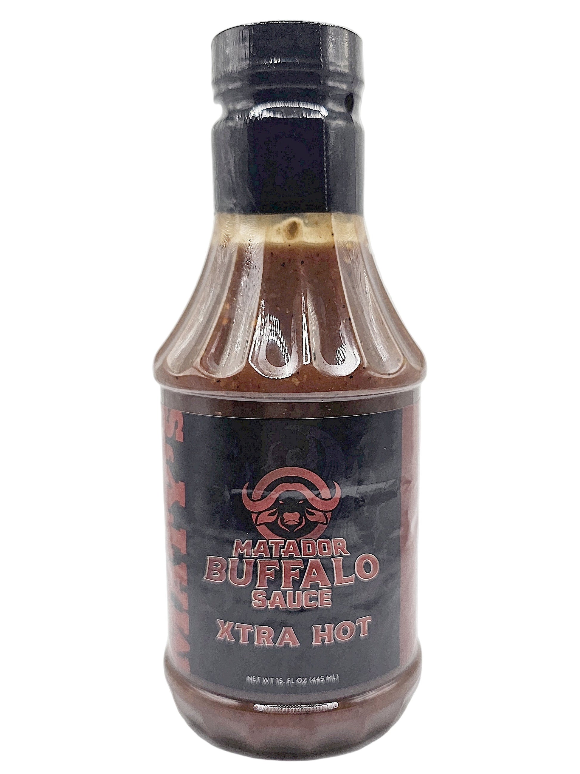Bottle of Matador Buffalo Sauce Xtra Hot on a white background