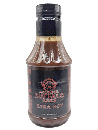 Bottle of Matador Buffalo Sauce Xtra Hot on a white background