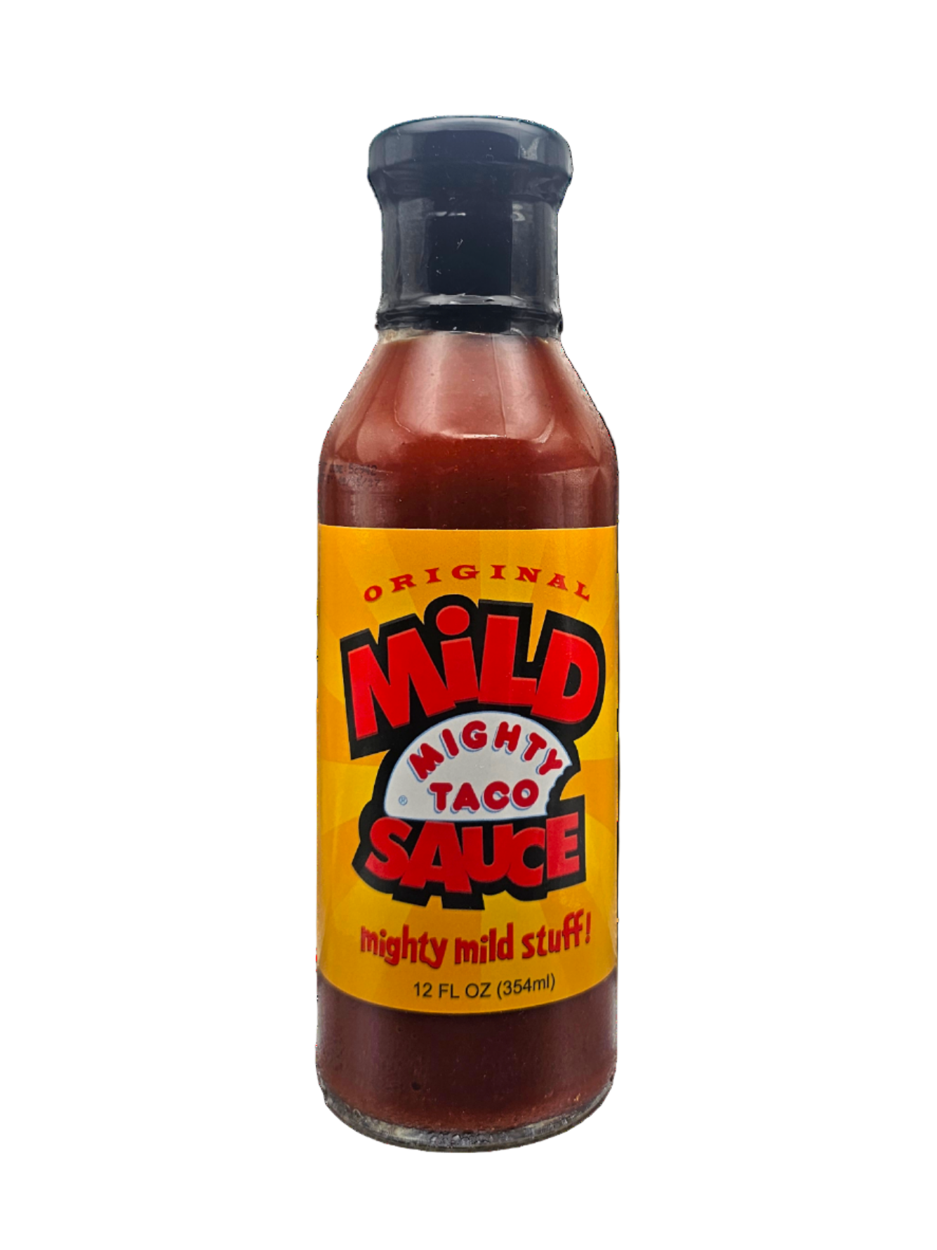 Bottle of Mighty Taco Mild Sauce on a white background