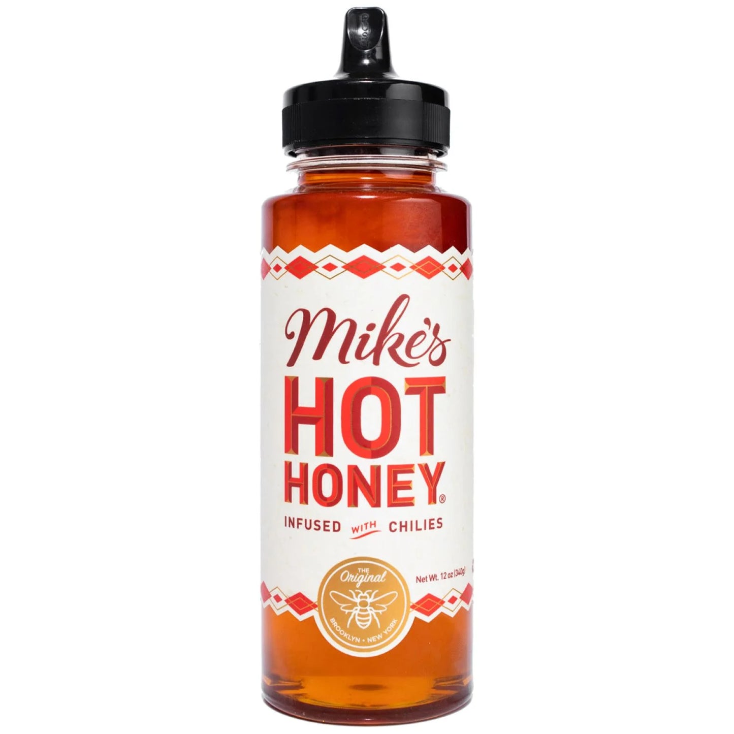 Bottle of Mike's Hot Honey with a white label on a white background