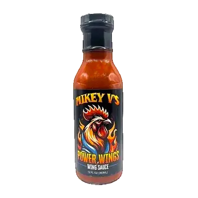 Bottle of Mikey V's Power Wings Wing Sauce on a white background