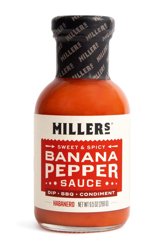 Bottle of Miller's Sweet & Spicy Banana Pepper Sauce on a white background