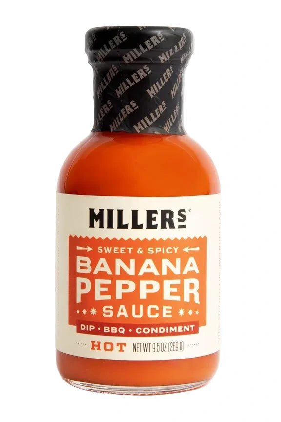 Bottle of Miller's Sweet & Spicy Banana Pepper Sauce on a white background