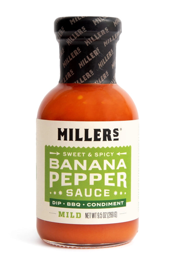 Bottle of Miller's Sweet & Spicy Banana Pepper Sauce on a white background