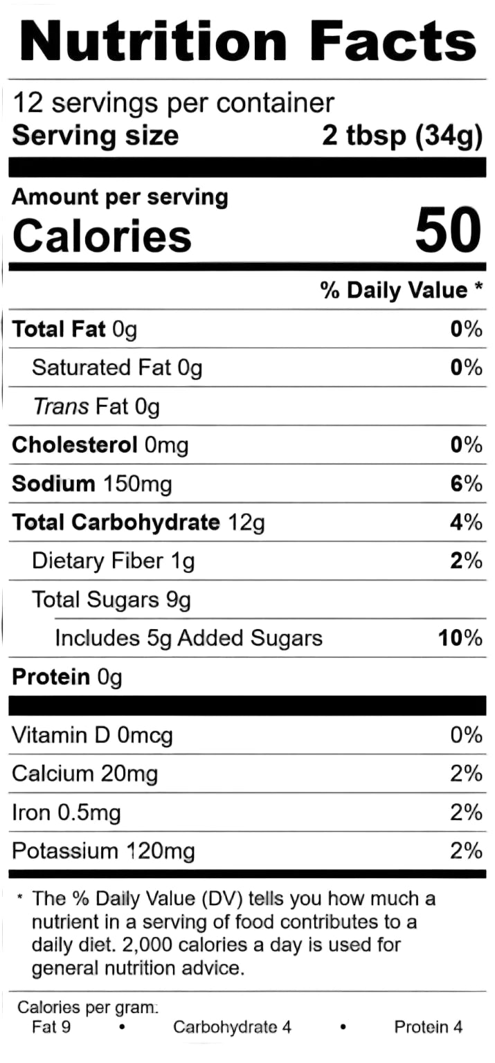 Nutrition facts label for a product with 50 calories per serving