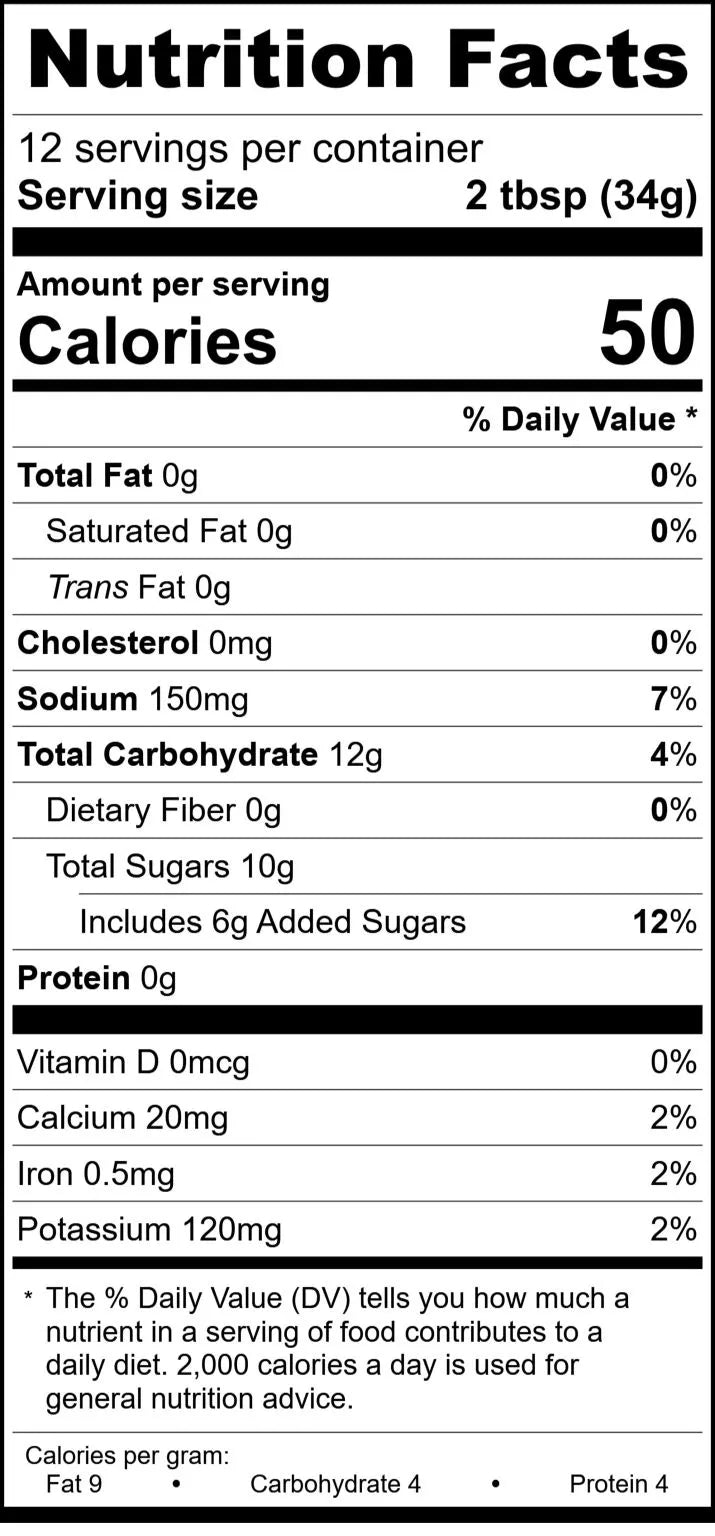 Nutrition facts label for a product with 50 calories per serving