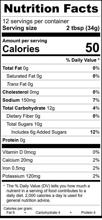Nutrition facts label for a product with 50 calories per serving