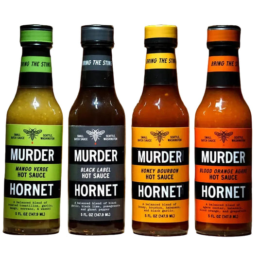 Four bottles of Murder Hornet hot sauce with colorful labels on a white background