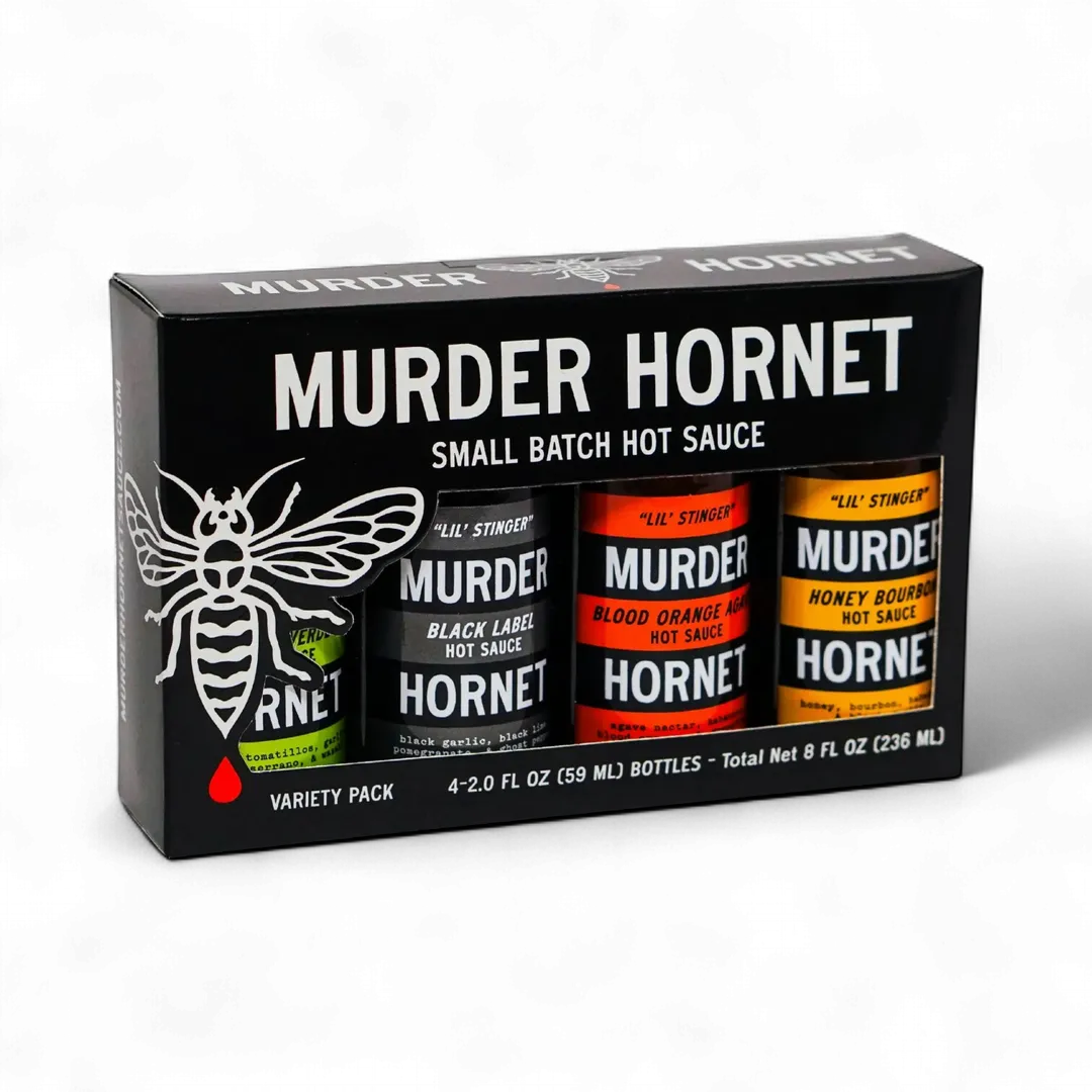Box of Murder Hornet hot sauce variety pack on a white background