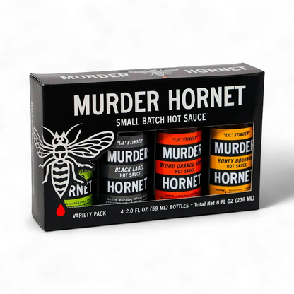 Box of Murder Hornet hot sauce variety pack on a white background