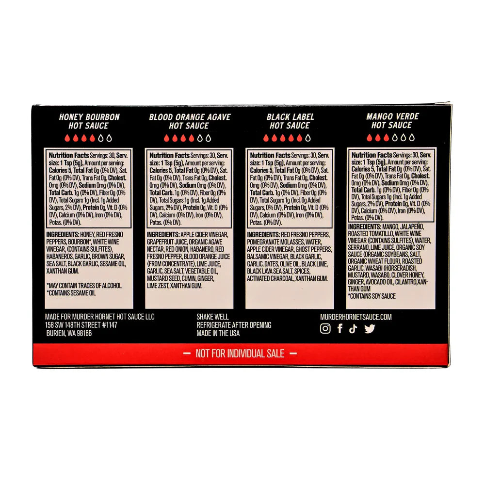 Murder Hornet hot sauce packaging with ingredient lists and branding on a white background