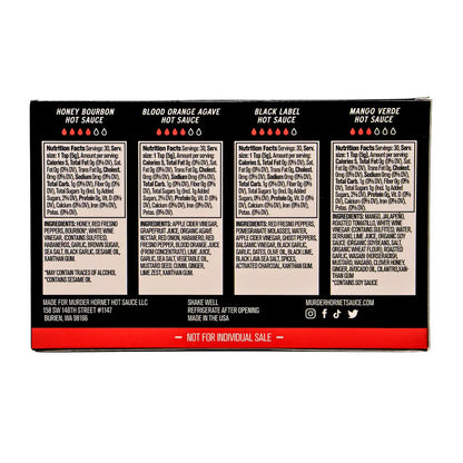 Murder Hornet hot sauce packaging with ingredient lists and branding on a white background