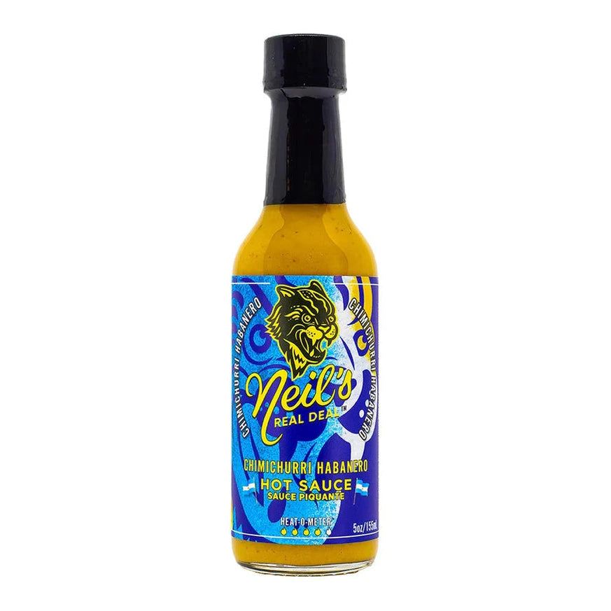 Bottle of Neil's Real Deal Chimmichurri Habanero Hot Sauce on a white background