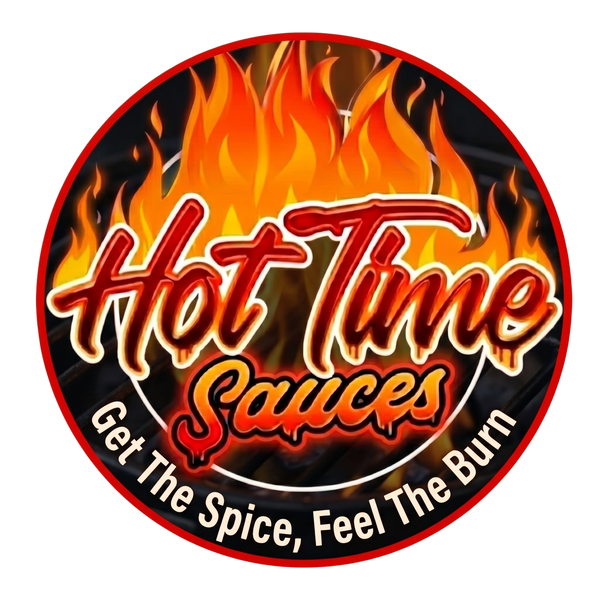 Logo for Hot Time Sauces with flames and text on a black background