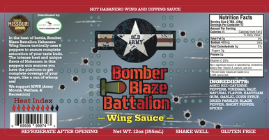 Bomber Blaze Battalion wing sauce label with star design and text.