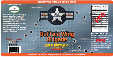 Buffalo Wing Brigade Mild Buffalo Sauce label with Old Army logo and nutritional information.