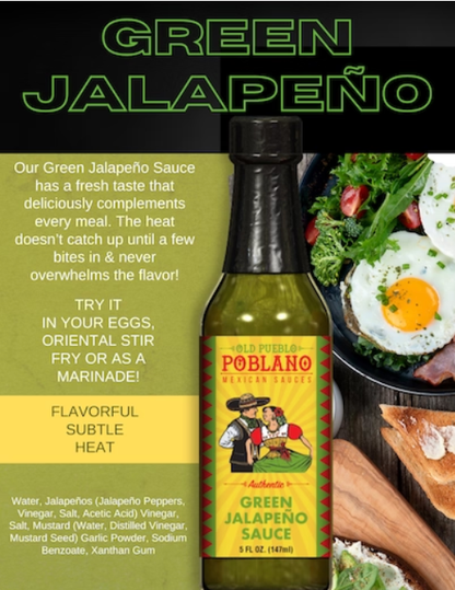 Poblano Green Jalapeño sauce bottle with promotional text and images of food.