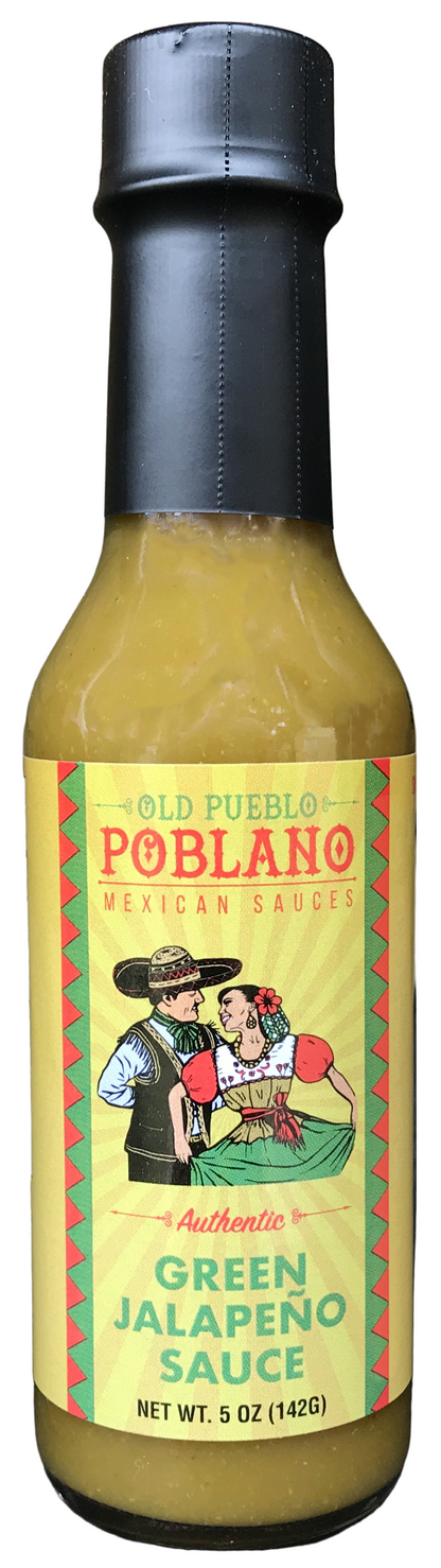 Bottle of Old Pueblo Poblano Green Jalapeno Sauce with colorful label
