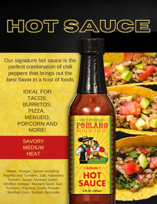 Hot sauce bottle with label featuring a cowboy and Mexican-themed design, surrounded by images of tacos and burritos.