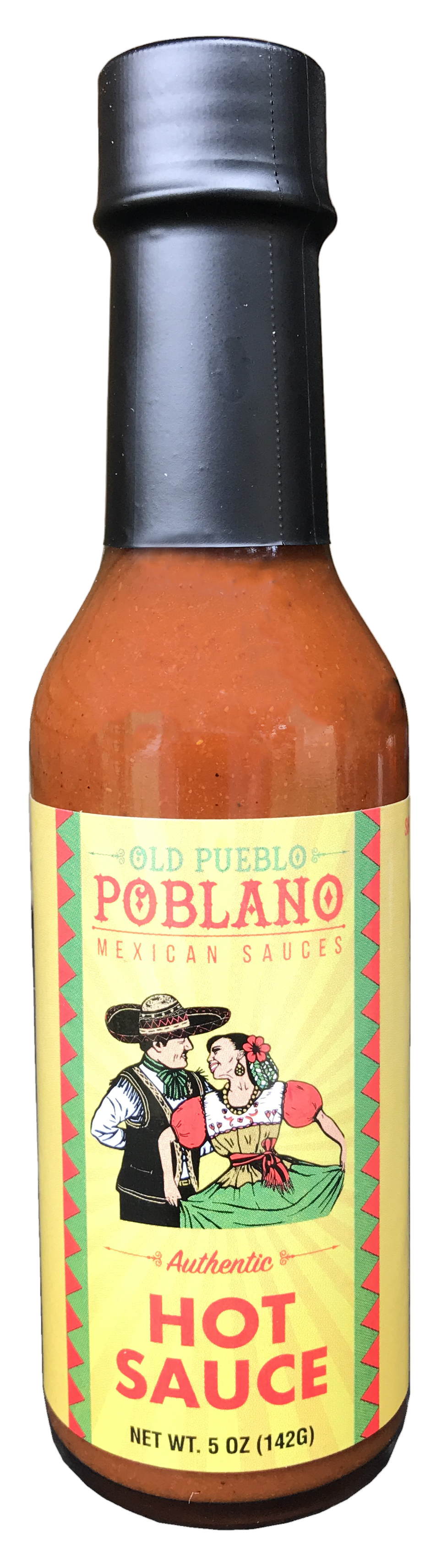 Old Poblano Hot sauce bottle with colorful label featuring a traditional Mexican scene.