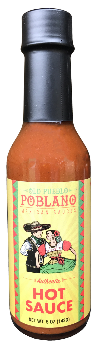 Old Poblano Hot sauce bottle with colorful label featuring a traditional Mexican scene.