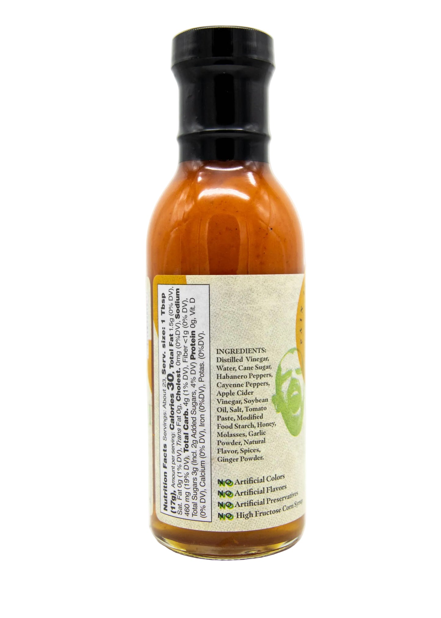 Bottle of hot sauce with an ingredients label on a white background