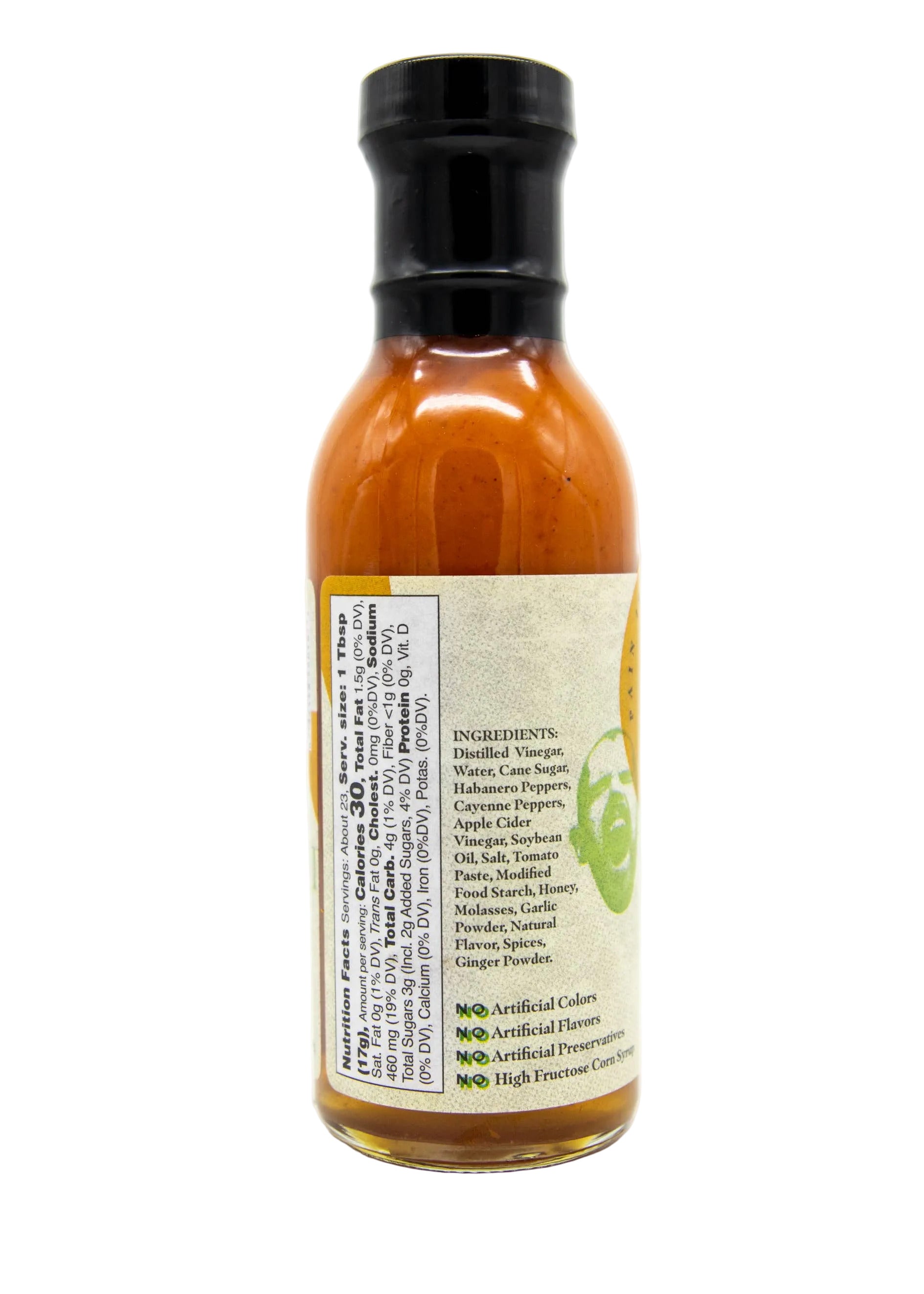 Bottle of hot sauce with an ingredients label on a white background