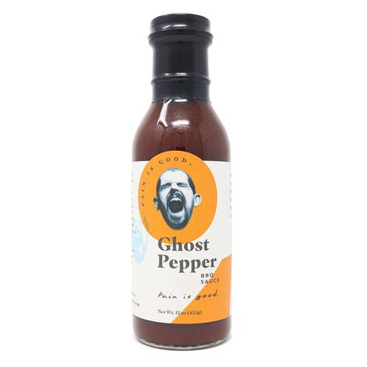 A bottle of Ghost Pepper hot sauce on a plain white background. The bottle is made of clear glass showing the dark reddish-brown sauce inside, topped with a black cap.