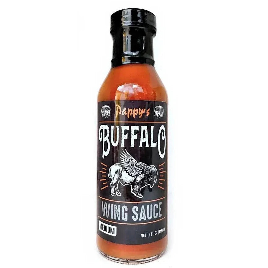 Bottle of Pappy's Buffalo Wing Sauce on a white background