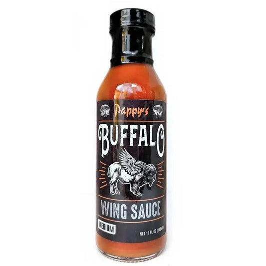 Bottle of Pappy's Buffalo Wing Sauce on a white background