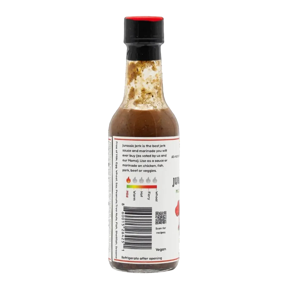 A bottle of hot sauce shown from the back, featuring a white label with text, a barcode, and a red pepper graphic, topped with a black cap and red ring.